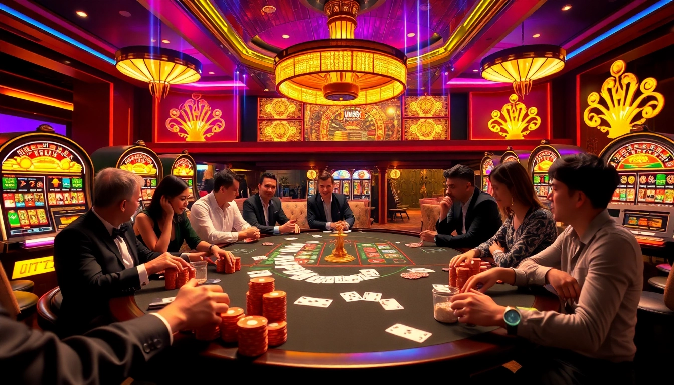Gamblers enjoying an exciting game at Jun88 casino, surrounded by poker chips and roulette wheels.