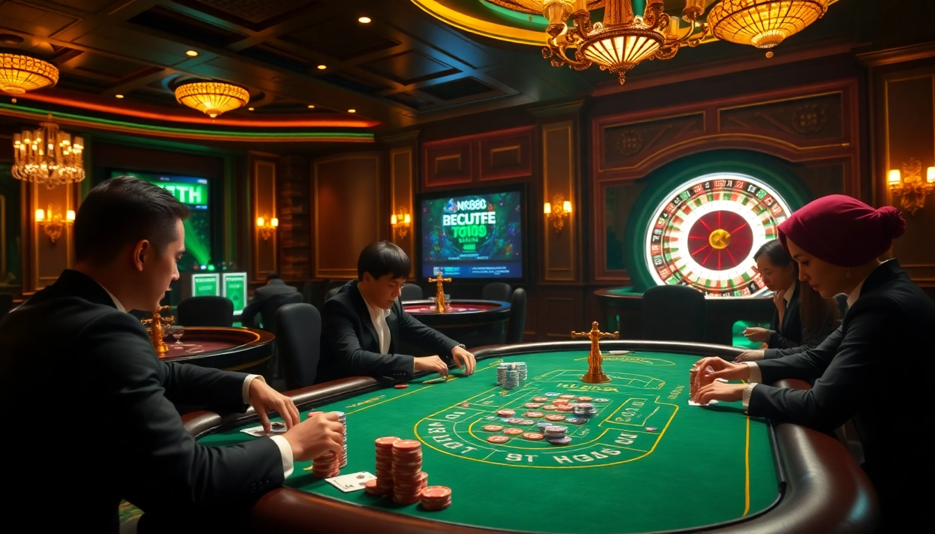 Experience NK88's thrilling casino atmosphere, showcasing an elegant poker table surrounded by excited players and vibrant chips.