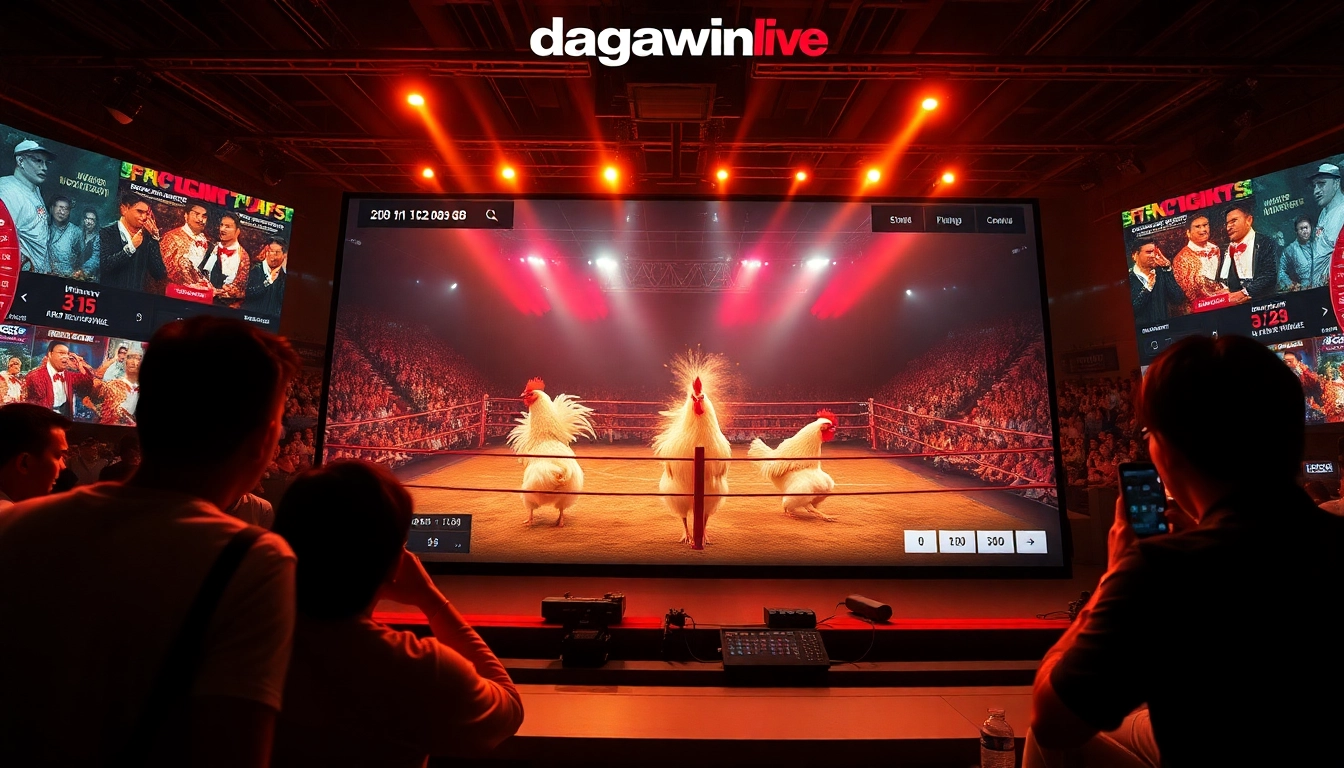 Dynamic online betting scene featuring live cockfighting at dagawin.live, showcasing intense matches and interactive elements.