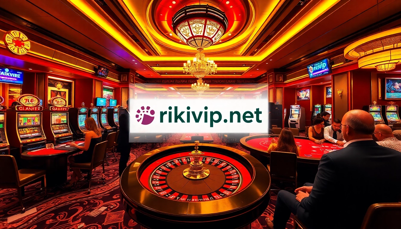 Experience excitement at rikvip.gb.net with vibrant gambling visuals featuring poker tables, slots, and jackpots.