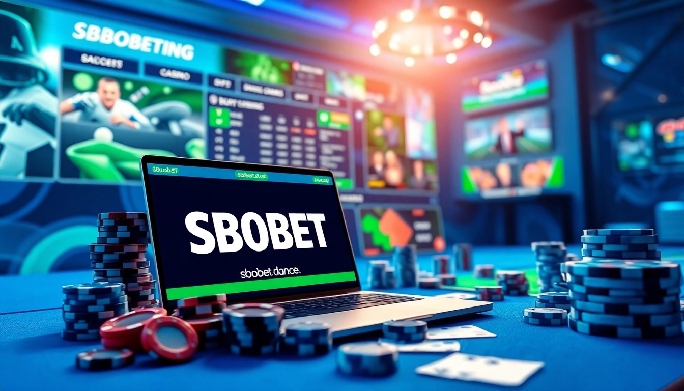 An engaging view of the SBOBET betting platform featuring sbobet.dance, with vibrant poker chips and a modern interface.