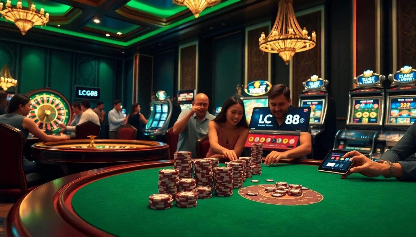 Excited players placing bets at an opulent LC 88 casino table, with vibrant poker chips and a roulette wheel in view.