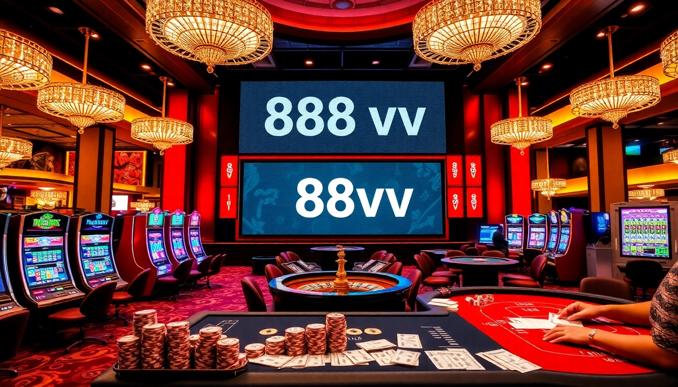 High-stakes gaming atmosphere showcasing 88vv with vibrant casino elements like roulette and slot machines.