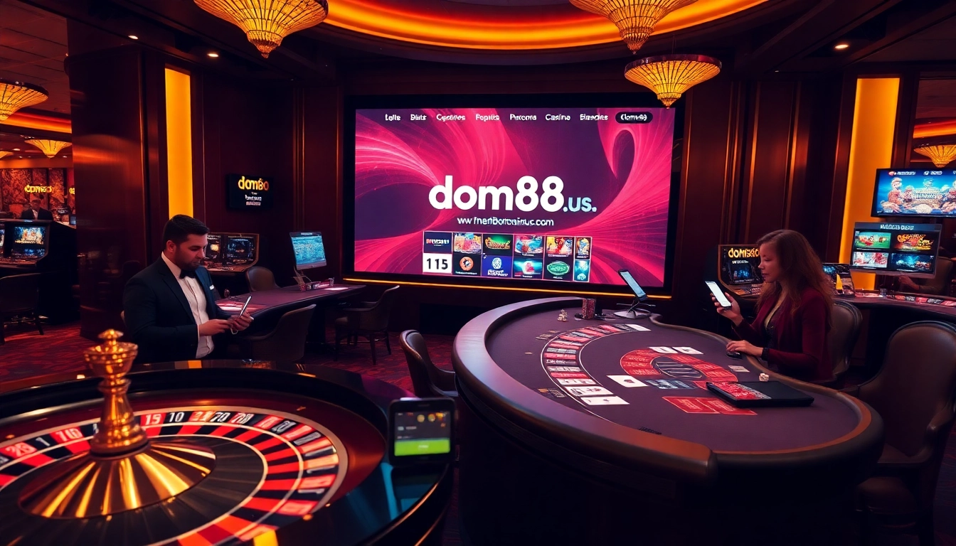 Gamblers enjoy thrilling games at dom88.us.com in a vibrant, luxurious casino atmosphere.