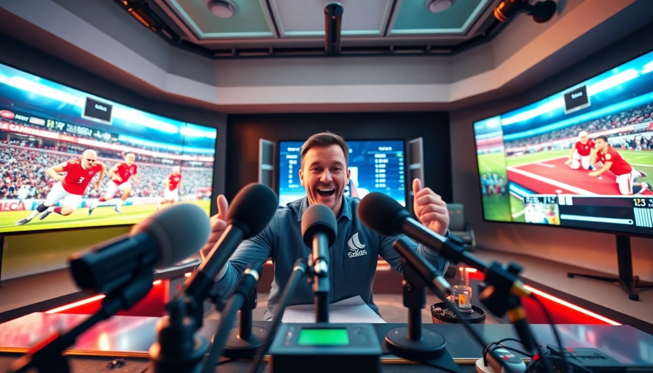 Engaging scene of sports broadcasting with a commentator in action, showcasing dynamic equipment.