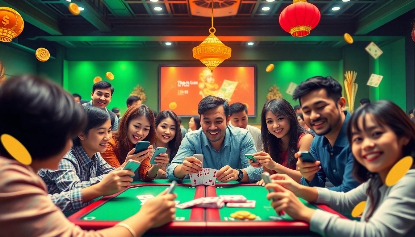 Engaging online gaming scene featuring players enjoying games at topgamebaidoithuong.mx, with digital devices and vibrant colors.