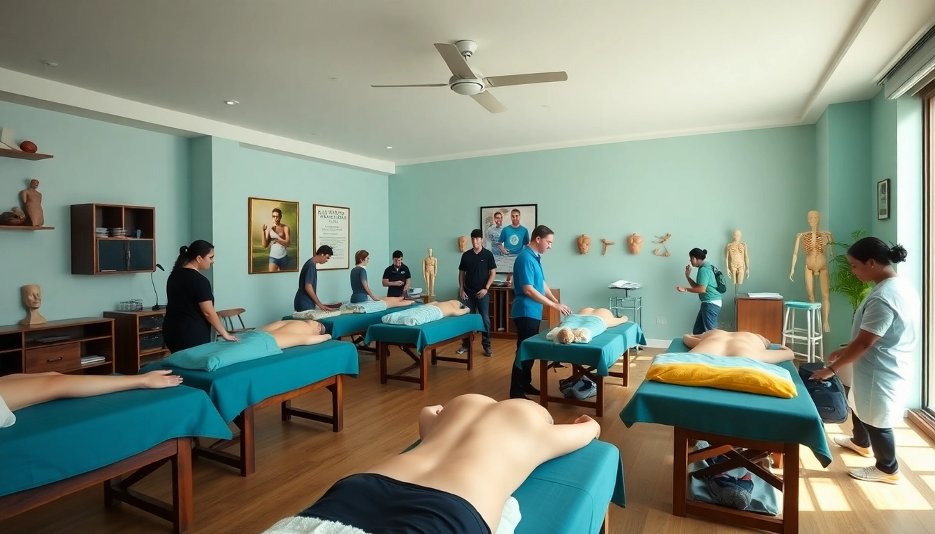 Students practicing techniques at the Chiang Mai Massage School, illustrating a professional massage training environment.